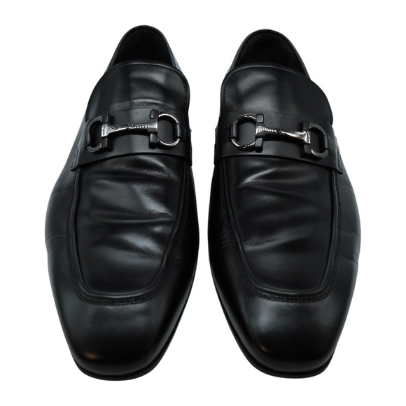 Ferragamo Loafers 13 2E Black Gancini Silver Horse Bit Buckles Luxury Shoes